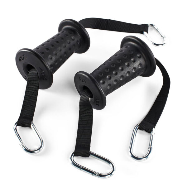 The ATX® Conic Fat Grips feature two black textured handles with black straps ending in silver carabiners, ideal for strength training and providing a firm grip during exercises.