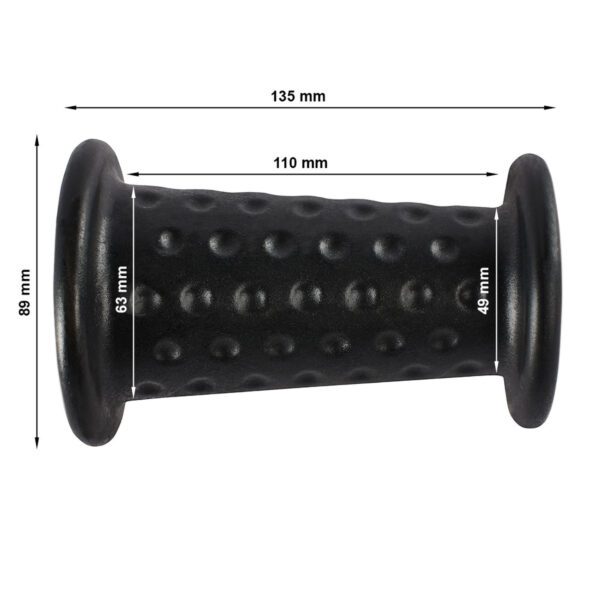 The ATX® Conic Fat Grips massage roller is black and cylindrical, featuring a textured surface with flared edges. It measures 135mm long, 110mm wide, 89mm high, with a center diameter of 63mm and a base diameter of 49mm.