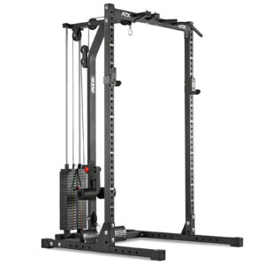 The ATX® HRX-620 Half Rack System Pin Loaded 115 kg is a black rectangular machine designed for gym use, featuring multiple weight stacks and pulleys. Its sturdy metal frame supports various exercises to target different muscle groups effectively.
