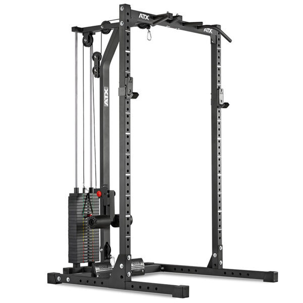 The ATX® HRX-620 Half Rack System Pin Loaded 115 kg is a black rectangular machine designed for gym use, featuring multiple weight stacks and pulleys. Its sturdy metal frame supports various exercises to target different muscle groups effectively.