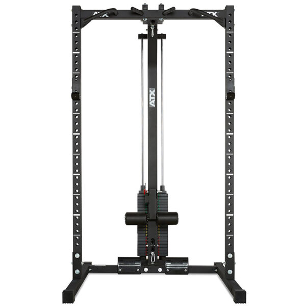 The ATX® HRX-620 Half Rack System Pin Loaded 115 kg is black and includes a vertical cable pulley system, adjustable height settings, safety bars, and pulleys for various exercises.