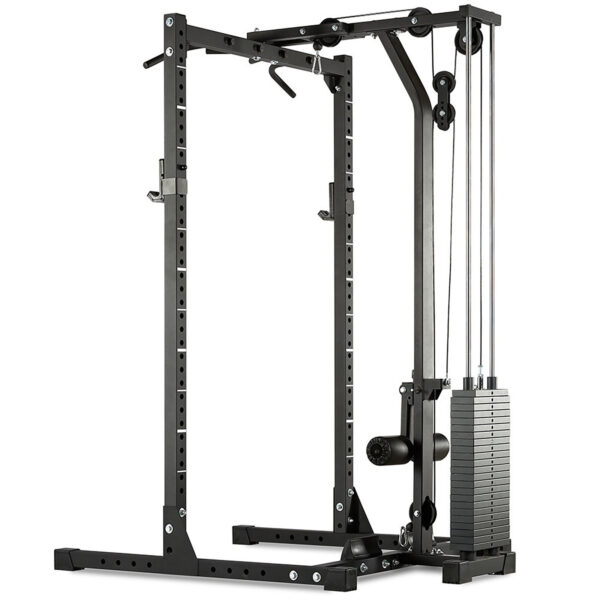 The ATX® HRX-620 Half Rack System Pin Loaded 115 kg is a black multifunctional power rack featuring various attachments and pulleys, ideal for strength training in a home gym.