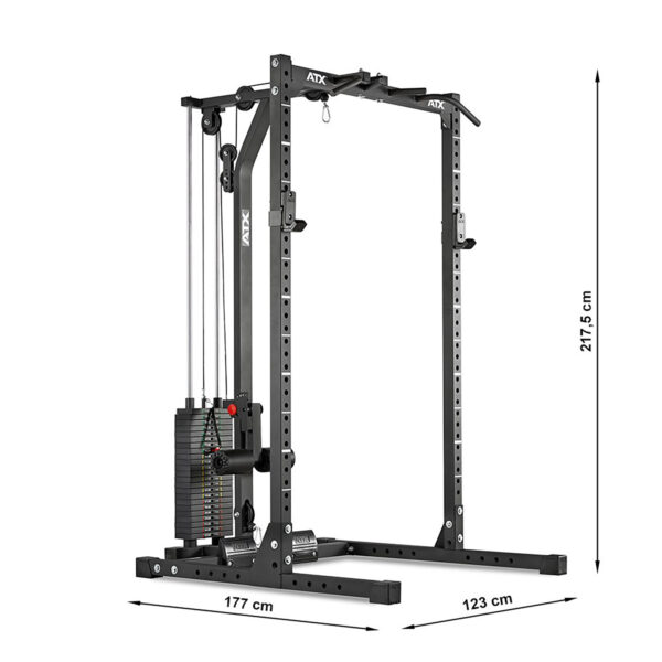 The ATX® HRX-620 Half Rack System features a cable system for strength training, includes adjustable pulleys, a 115 kg weight stack, and measures 217.5 cm high, 177 cm long, and 123 cm wide.