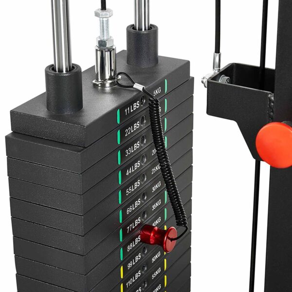 A close-up of the ATX® HRX-620 Half Rack Systems 115 kg weight stack displays weights in pounds/kilograms: 11/5, 22/10, 33/15, 44/20, and more. A black spiral cord with a red marker is attached to the pin for selection.