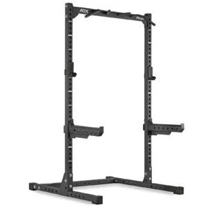 The ATX® HRX-620 Half Rack is a black power rack featuring adjustable safety bars and a pull-up bar. It offers sturdy construction with multiple height-adjustable holes, making it ideal for various weightlifting exercises.