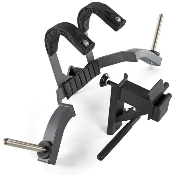The ATX® Leg Master - Rack Add-On is a black and silver safety squat bar featuring padded shoulders and weight plate holders on a white background. Its unique angled handles and sturdy frame offer enhanced support for your leg workouts.