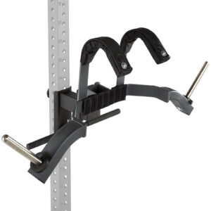 The ATX® Leg Master - Rack Add-On is a black and gray fitness attachment designed for use with power racks. It includes two curved shoulder-support pads and horizontal bars for weight plates, all mounted on a metal rack.