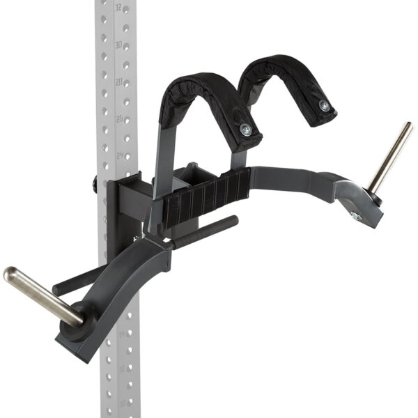 The ATX® Leg Master - Rack Add-On is a black and gray fitness attachment designed for use with power racks. It includes two curved shoulder-support pads and horizontal bars for weight plates, all mounted on a metal rack.