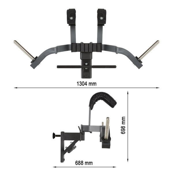 Image of the ATX® Leg Master - Rack Add-On, showing a heavy-duty bicycle repair stand with a wide clamp arm and rod holders measuring 1304 mm across. It features a height of 698 mm and a base width of 688 mm, ensuring stability for all your repair needs.