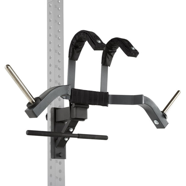 The ATX® Leg Master - Rack Add-On, similar in versatility to a leg master, attaches to a vertical metal support beam. It features padded grips for various hand positions and includes two horizontal pegs on each side for convenient weight storage.
