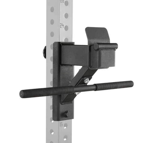 Close-up of the ATX® Leg Master - Rack Add-On, a black landmine attachment secured to a steel power rack. It includes a pivoting sleeve for holding a barbell, ideal for rotational strength exercises.