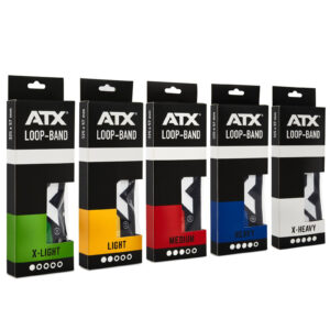 Five ATX® Loop Band packages, each part of the resistance band set, are arranged in a row. They are labeled with varying resistance levels: X-Light, Light, Medium, Heavy, and X-Heavy. The bands are presented in a vibrant assortment of colors: green, yellow, red, blue, and black.