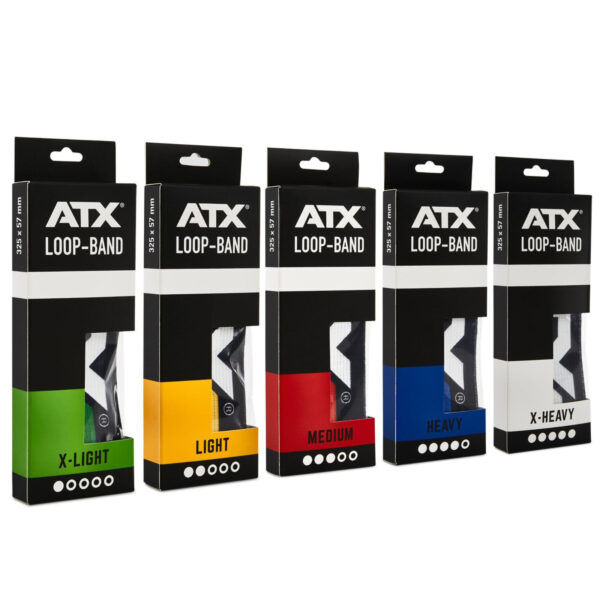 Five ATX® Loop Band packages, each part of the resistance band set, are arranged in a row. They are labeled with varying resistance levels: X-Light, Light, Medium, Heavy, and X-Heavy. The bands are presented in a vibrant assortment of colors: green, yellow, red, blue, and black.