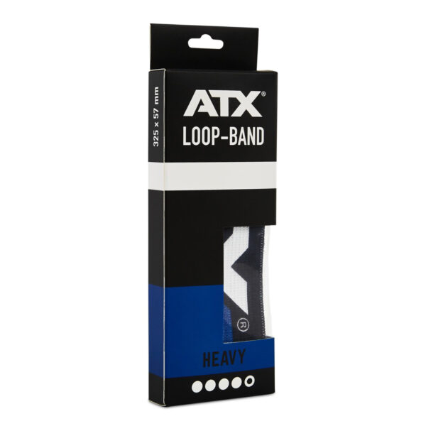 The packaging of the ATX® Loop Band resistance band, labeled as Heavy, measures 32% x 57 mm. The box comes in black, white, and blue and partially displays the product through a viewing window.