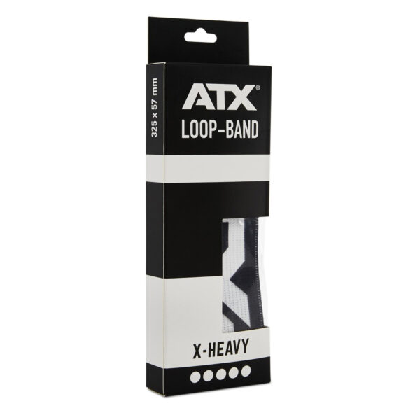 The image shows the packaging for an ATX® Loop Band in a black and white design, labeled as X-Heavy, with dimensions of 327.5 x 57 mm. A section of the resistance band is visible, suggesting its sturdy construction suitable for high-intensity exercises.