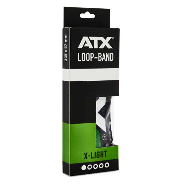 A package of the ATX® Loop Band marked X-Light, crafted for a versatile resistance band set. The stylish black and green packaging measures 32.5 x 5.7 mm and includes dots for easy resistance level identification.