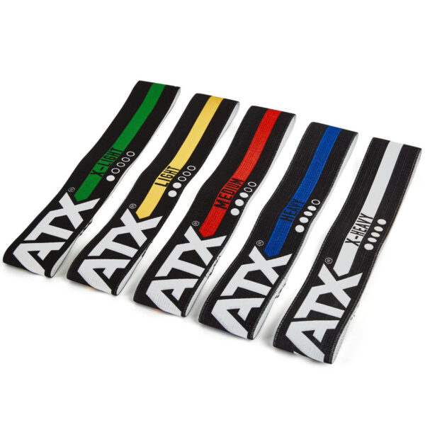 The ATX® Loop Band set consists of five resistance tubes in green, yellow, red, blue, and black, each labeled with differing weight levels (Light, Medium, Heavy). Each band features distinctive white and black color blocks.