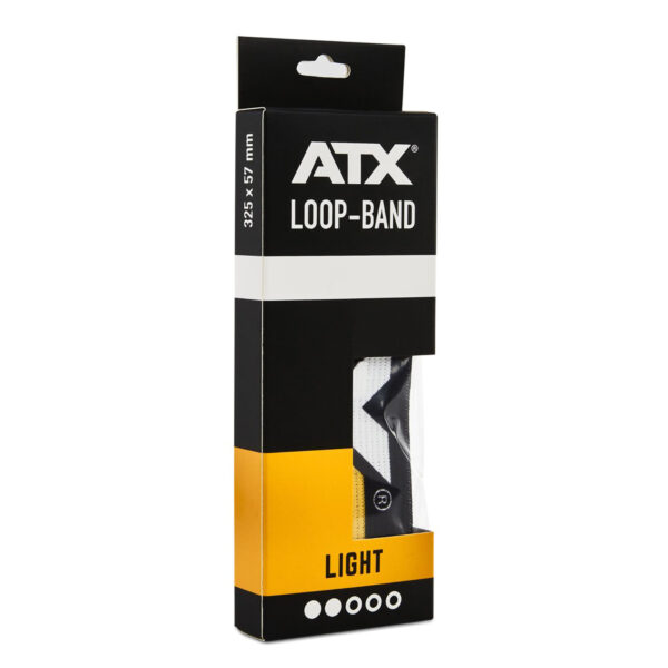 Packaging for the ATX® Loop Band, a set of light resistance bands measuring 325 x 57 mm. The design features a striking combination of black and white with vibrant yellow accents.