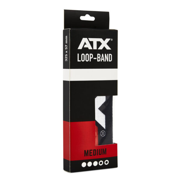 A black, white, and red box labeled with the ATX® Loop Band name features dimensions of 325 x 57 mm. Inside, it contains a medium resistance band. The packaging includes a small viewing window that showcases a portion of the band, making it an ideal choice for anyone looking to boost their workout routine with a high-quality resistance band set.