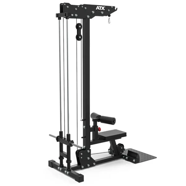 The ATX® Plate Loaded Lat Pulldown and Row Machine is a sleek black and silver home gym pulley system with a bench, weight stack, and footplate. Designed for strength training, it features a sturdy metal frame and cables for various exercises.