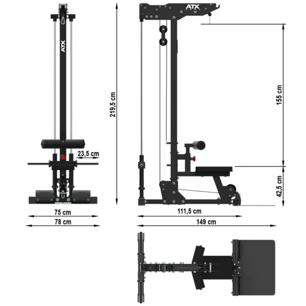 Illustration of the ATX® Plate Loaded Lat Pulldown and Row Machine, showing dimensions: height 219.5 cm, width 75 cm, depth 78 cm. Features include a seat/table height of 23.5 cm and bars width of 111.5 cm, with both vertical and horizontal bars.