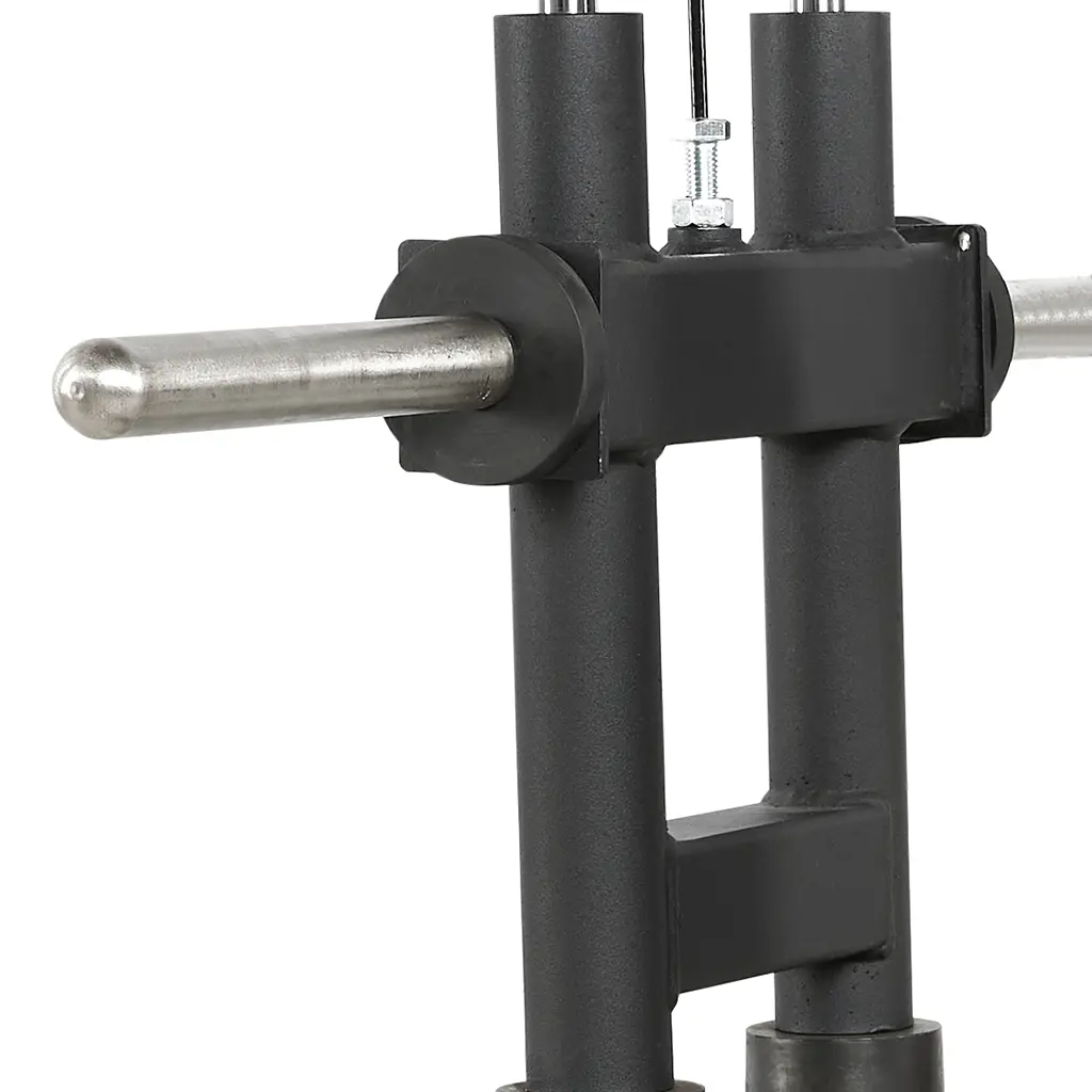 Close-up of a black and silver ATX® Plate Loaded Lat Pulldown and Row Machine featuring adjustable metal rods.