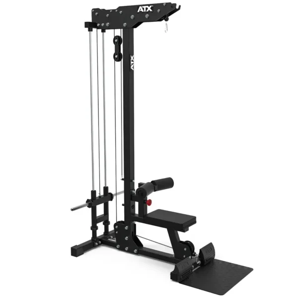 The ATX® Plate Loaded Lat Pulldown and Row Machine in black offers a vertical frame with adjustable pulleys, footplate, and seat for versatile strength workouts.