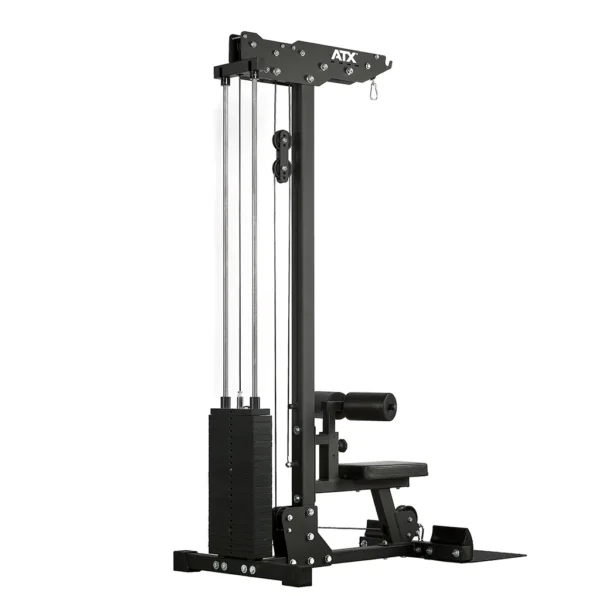 A black ATX® Pin Loaded Lat Pulldown machine for fitness training with a stack of weight plates, pulleys, and a padded seat with footrests. Its design enables various exercises targeting different muscle groups.