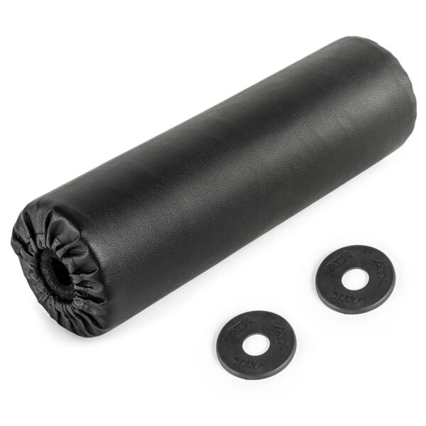 The ATX® LR Foam Roller, black and cylindrical with a smooth surface, is displayed on a white background. It includes two black circular end caps with small central holes.