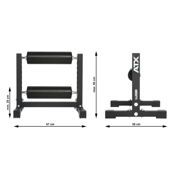 The ATX® Split Squat Stand, in black, features padded rollers and displays side and front views. Dimensions: 67 cm wide, height adjustable from 25 to 60 cm, base depth of 56 cm. Its sleek design is enhanced by prominent ATX branding.