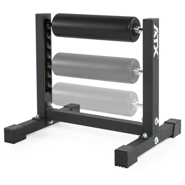 The ATX® Split Squat Stand is a sturdy black stand with three different sized adjustable foam rollers. Its rectangular base ensures stability and allows for easy storage and quick roller selection.