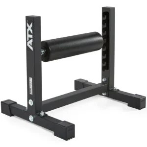 The image showcases the ATX® Split Squat Stand in black, featuring a sturdy frame with a cylindrical padded roller at the center. Its perfect for leg or back exercises and has a robust rectangular base to ensure maximum stability during workouts.