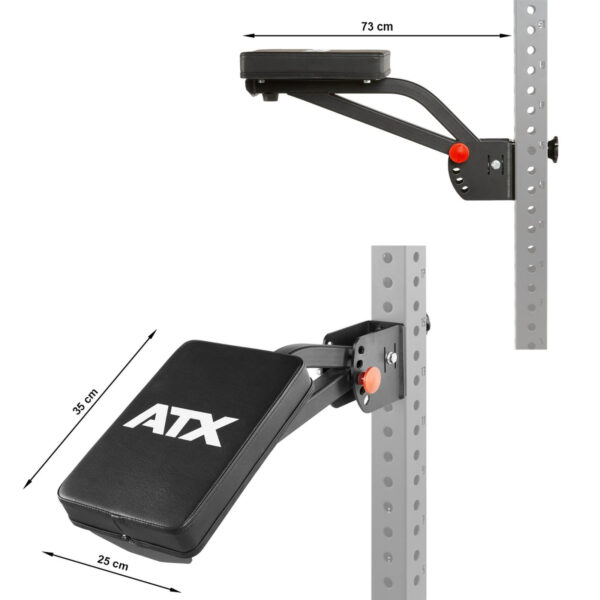 Image of the ATX® The Bridge Supporting Pad, a black support pad with ATX branding on a metal frame designed for vertical pole mounting. Dimensions: 73 cm (L) x 35 cm (H) x 25 cm (W).