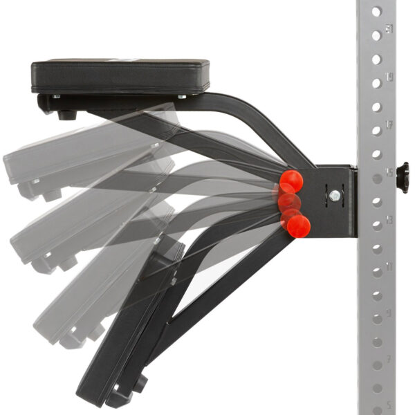 The ATX® The Bridge Supporting Pad is displayed in various positions, illustrating its adjustability. It attaches to a perforated steel structure, secured by red locking pins.