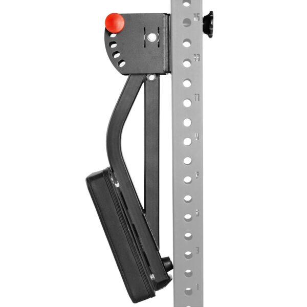 Close-up of the ATX® The Bridge Supporting Pad, a black and gray adjustable gym attachment with a red knob and evenly spaced holes for height adjustment on a metal frame, designed for use with fitness rigs.