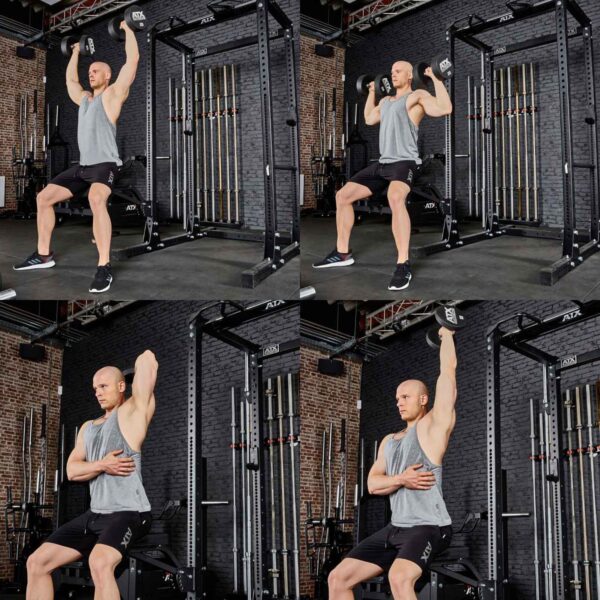A person in a gym performs a seated dumbbell shoulder press using the ATX® The Bridge Supporting Pad. The image shows two angles: one with the dumbbell lifted overhead and another at shoulder height, set against weight racks and a textured brick wall in the background.