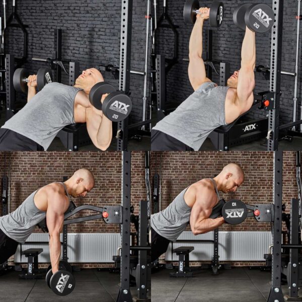 A person in a gym, wearing a gray tank top, does dumbbell chest presses and bent-over rows using a bench and dumbbells. The setting includes brick and dark walls. Theyre using the ATX® The Bridge Supporting Pad for support.