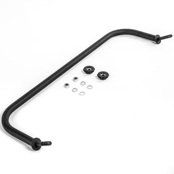 The ATX® Squat Stands Brace is a black metal sway bar that comes with mounting hardware, including bolts, washers, and bushings, shown against a white background.