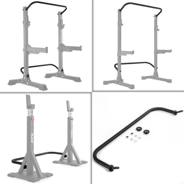 Image showing the ATX® Squat Stands Brace from multiple angles: top left and right reveal the full structure, bottom left highlights the base, and bottom right focuses on an attached bar and hardware components.
