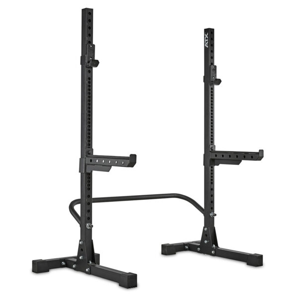 The ATX® Squat Stands Brace is a black squat rack featuring adjustable barbell holders and safety arms. Its sturdy metal frame is engineered for weightlifting and strength training.