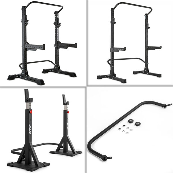 A collage showcases gym equipment: ATX® Squat Stands Brace, a squat rack, and a pull-up bar with screws displayed, all in black with red logos on a white background.