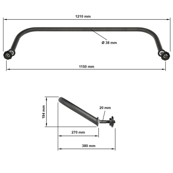 The ATX® Squat Stands Brace is displayed with dimensions: A top image shows a 1210 mm long, 38 mm diameter curved steel rod with components, and a side view showcases a part measuring 380 mm in length, 184 mm in height, and 20 mm in diameter.
