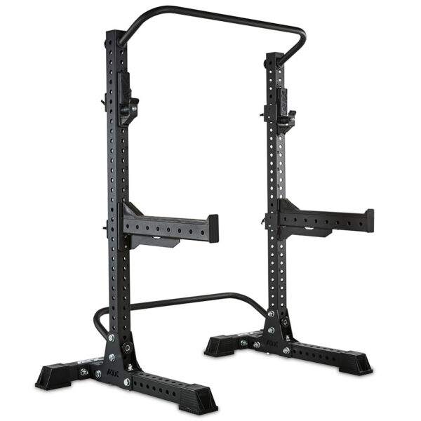 The ATX® Squat Stands Brace is a black squat rack featuring adjustable safety bars and pull-up bar, with multiple height adjustment holes. It stands on a sturdy base for weightlifting and strength training exercises.