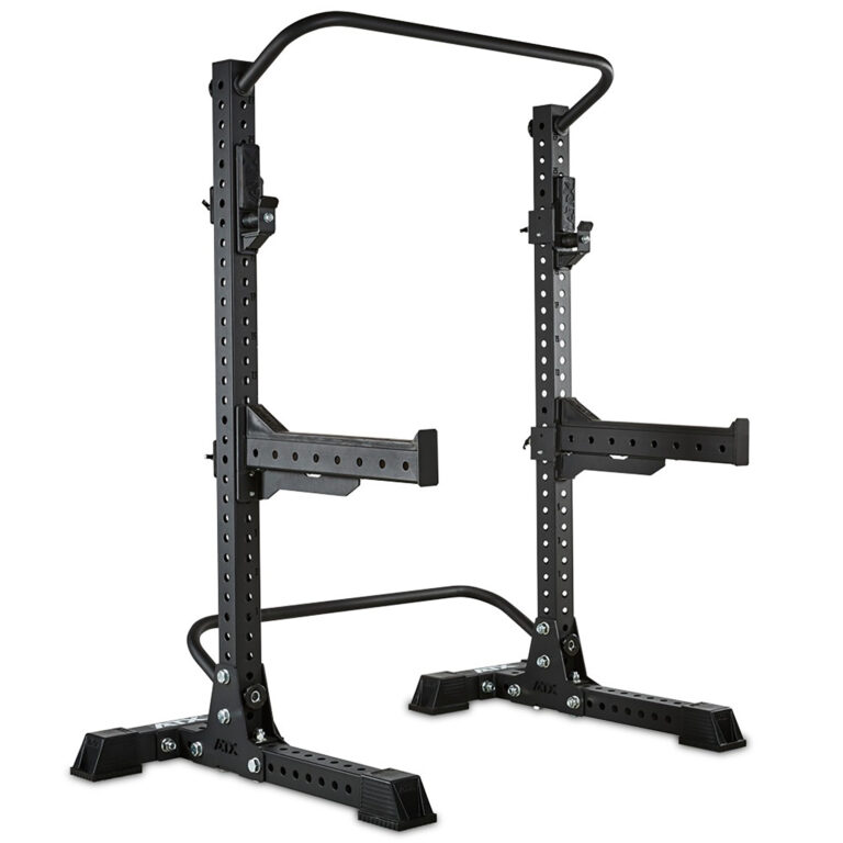The ATX® Squat Stands Brace is a black squat rack featuring adjustable safety bars and pull-up bar, with multiple height adjustment holes. It stands on a sturdy base for weightlifting and strength training exercises.