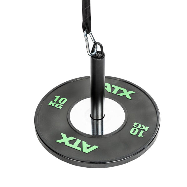 A 10 kg black weight plate labeled ATX from the ATX® Forearm Training Set is mounted on a cylindrical loading pin with a strap and carabiner, isolated on a white background.