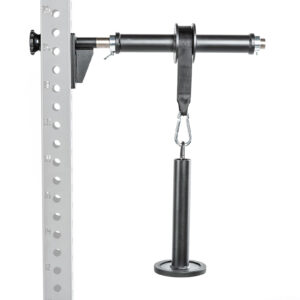 The ATX® Forearm Training Set includes a wall-mounted gym pulley system with a black cylindrical handle and plate holder, attached to a perforated metal rack, ideal for strength training exercises.