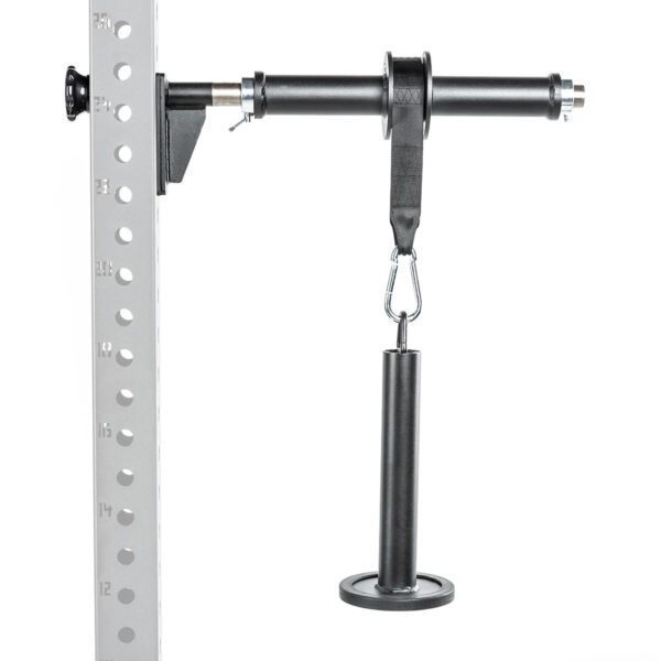 The ATX® Forearm Training Set includes a wall-mounted gym pulley system with a black cylindrical handle and plate holder, attached to a perforated metal rack, ideal for strength training exercises.