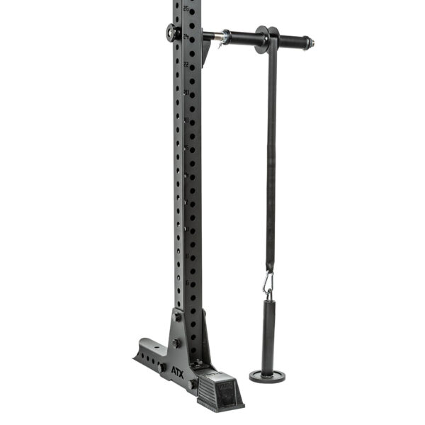 The ATX® Forearm Training Set is a black fitness pulley system featuring adjustable height settings and a single handle attachment, ideal for strength training exercises. It includes a sturdy base with foot supports for enhanced stability.