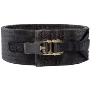 The Spud Inc Pro Strongman Belt is a black tactical belt designed for heavy-duty use, featuring a durable metal clasp and reinforced stitching. It includes an adjustable strap and is made from thick material for enhanced strength and support.