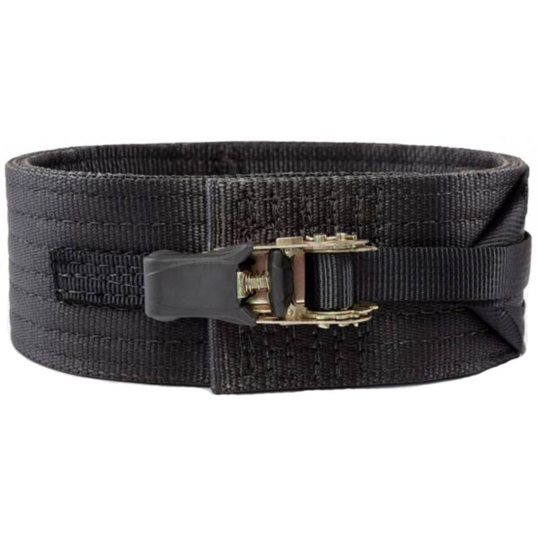The Spud Inc Pro Strongman Belt is a black tactical belt designed for heavy-duty use, featuring a durable metal clasp and reinforced stitching. It includes an adjustable strap and is made from thick material for enhanced strength and support.